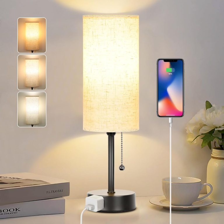3-Color Bedside Table Lamp with Pull Chain & AC Outlet