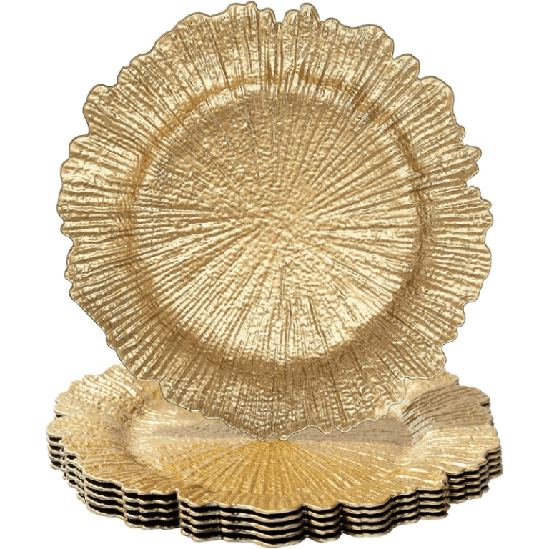 Round 13" Gold Charger Plates – Set of 6, Reef Design Table Chargers for Weddings & Holidays