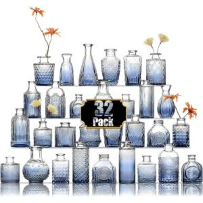 Set of 32 mini glass bud vases — includes clear and blue vintage-style designs