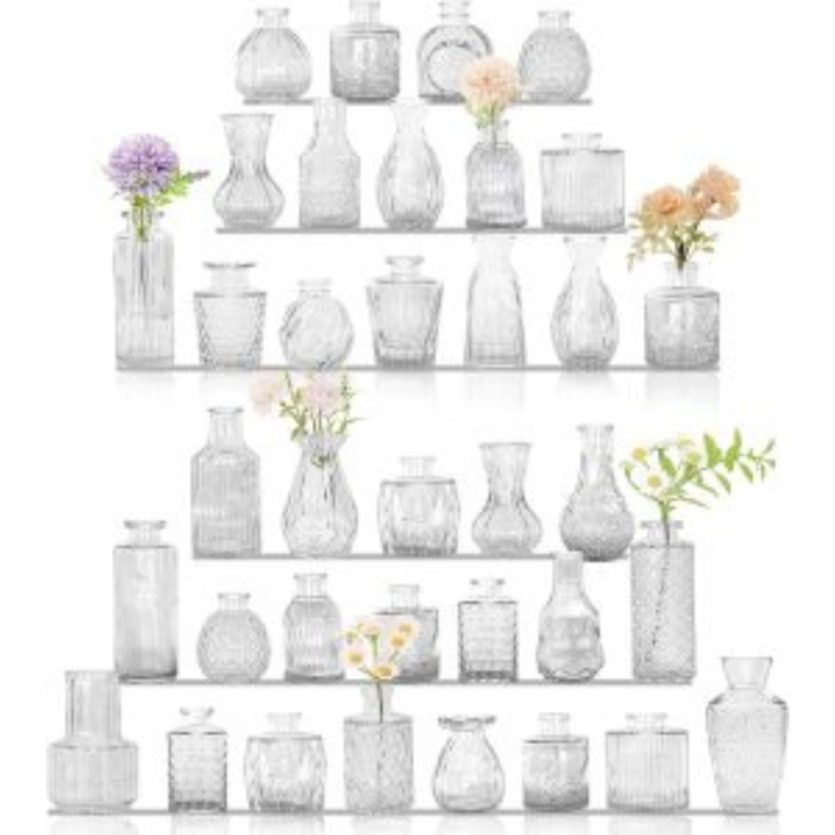 Set of 36 clear vintage-style glass bud vases in assorted shapes